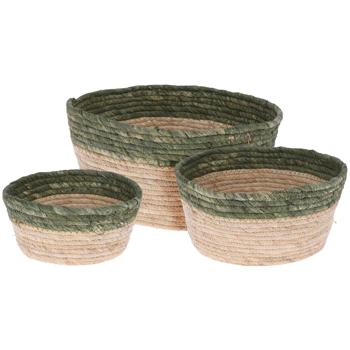 Geflochtene Aufbewahrungskörbe 3er-Set - Rund, Beige-Grün, Seegras - Ø 30x15cm, 26x11.5cm, 22x10cm - Für Bad, Küche, Büro, Deko - Praktische Ablage
