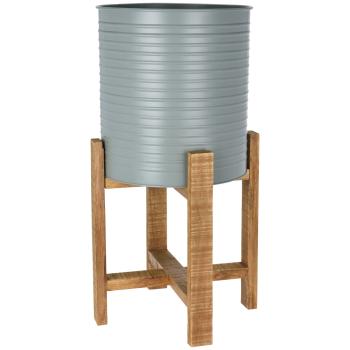 Preview: Pflanzgefässe Set grau auf Holzständer - 2 geriffelte Metall Blumentöpfe Ø 31,5x58cm & Ø 29x50cm - Natur/Grau Dekoration Innen/Aussen