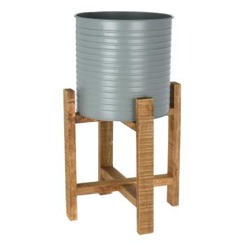 Preview: Pflanzgefässe Set grau auf Holzständer - 2 geriffelte Metall Blumentöpfe Ø 31,5x58cm & Ø 29x50cm - Natur/Grau Dekoration Innen/Aussen
