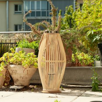 Preview: Bambus Laterne - Windlicht aus Glas mit Jute Henkel - Naturfarben, Ø 24 x H 48 cm - Für gemütliche Abende & Schattenspiele - Rattan Material