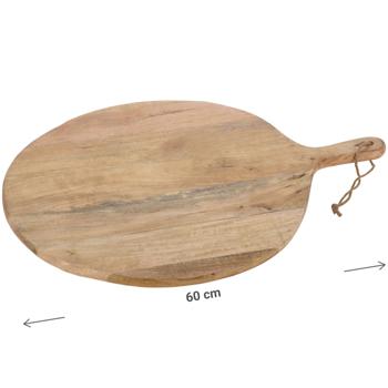Preview: Schneidebrett aus Mangoholz, rund - Stilvolles Servierbrett mit Griff & Kordel zum Aufhängen - Ø 46x2cm - Natur Holz - Robust & Widerstandsfähig