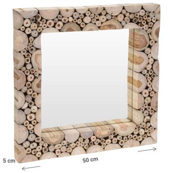 Preview: Quadratischer Wandspiegel aus Teakholz - Handgefertigt mit einzigartiger Maserung - Robust, langlebig, braun - 50x50 cm für Flur, Bad, Wohnzimmer