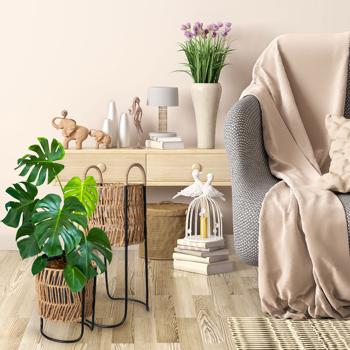 Preview: Blumentopfständer Set Korbgeflecht - Eleganter Pflanzenständer für den Innenbereich - Schwarz-Natur Design - 2 Grössen (60cm & 36cm hoch)