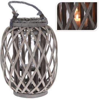 Preview: Kerzenlaterne aus Weidegeflecht - Gartenlampion Windlicht Natur Grau mit Glaseinsatz - Ø 23x30cm - Rustikaler Charme für gemütliche Atmosphäre