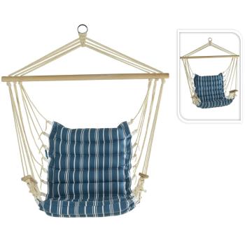 Preview: Hängesessel gepolstert - Blau-weiss Baumwolle mit Armlehnen - Maritimer Hängestuhl für Garten, Terrasse, Balkon - 110 kg belastbar