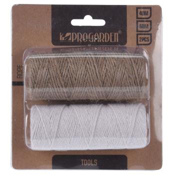 Preview: Deko Schnur 2er-Set - Basteln, Befestigen, Gestalten, Dekorieren, Gartenarbeiten - Hanf/Baumwolle, braun/weiss - 60m (1mm) - 40m (2mm)