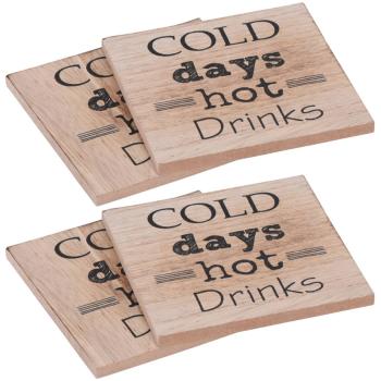 Tischuntersetzer Holz 4er-Set - Rustikale Glasuntersetzer mit "Cold Days Hot Drinks" Aufdruck - Vintage-Optik & robuste MDF-Verarbeitung - 11,2x12,5x2,8cm