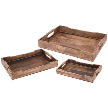 Tablett 3er-Set Serviertablett aus Mangoholz - Rustikal mit Naturfaserseil-Griffen - Stapelbar - Braun gemasert - 3 Grössen 46/38/31 cm