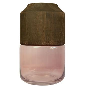 Blumenvase aus Glas und Blauglockenbaum-Holz - Edle Dekovase transparent/braun mit Natur-Maserung - Stilvolles Wohnaccessoire Ø 17x28cm