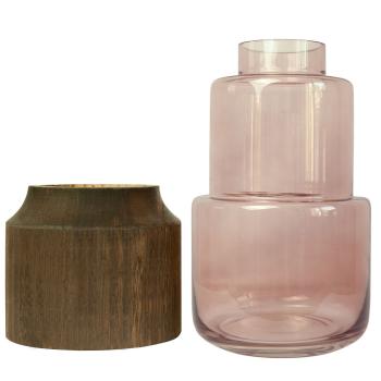 Preview: Blumenvase aus Glas und Blauglockenbaum-Holz - Edle Dekovase transparent/braun mit Natur-Maserung - Stilvolles Wohnaccessoire Ø 17x28cm