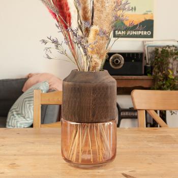 Preview: Blumenvase aus Glas und Blauglockenbaum-Holz - Edle Dekovase transparent/braun mit Natur-Maserung - Stilvolles Wohnaccessoire Ø 17x28cm