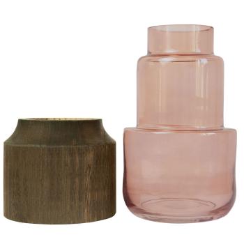 Preview: Blumenvase aus Glas und Blauglockenbaum-Holz - Edle Dekovase transparent/braun mit natürlicher Maserung - Modernes Wohnaccessoire Ø 14x23cm