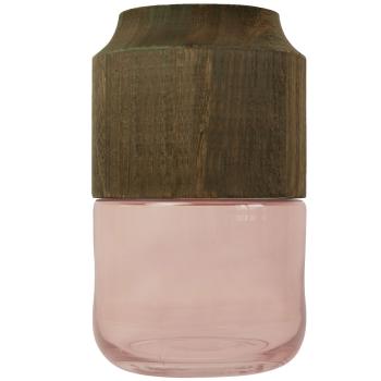 Blumenvase aus Glas und Blauglockenbaum-Holz - Edle Dekovase transparent/braun mit natürlicher Maserung - Modernes Wohnaccessoire Ø 14x23cm