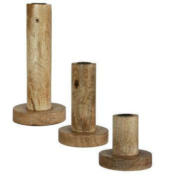 Kerzenständer Sockel 3er-Set aus Mangoholz - Natürlicher Kerzenhalter für warmes Ambiente - Glatt braun, 3 Grössen, robust, langlebig - 9-22x10cm