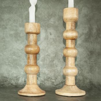 Preview: Kerzenständer Bubbles 2er-Set aus Mangoholz - Edle Kerzenhalter für gemütliches Ambiente - 3D geschnitzt, robust, 26-34cm hoch