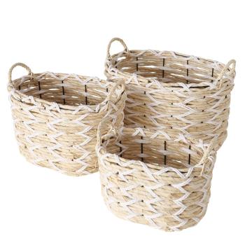 Aufbewahrungskörbe Set 3-teilig aus Maisblatt-Geflecht - Beige/Braun mit Tragegriffen & Eisenverstärkung - Ø 32x21x23/38x25x29/45x32x31cm