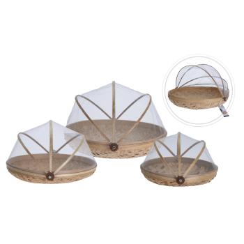 Preview: 3er-Set Bambus Abdeckhauben mit Schalen - Effektiver Insektenschutz für Grill & Party - Ø 25-38.5 cm - Polyester-Netz - braun