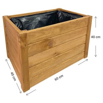 Preview: Robuster Blumenkasten aus Holz: 60x40x40 cm, Braun, mit Innenfolie – Langlebiger Pflanzkübel für Garten, Balkon & Terrasse, natürliche Optik