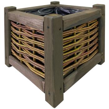 Preview: Blumenkasten aus Holz - Rattan-Optik Pflanzkübel mit Innenfolie - Braun, 40x40x40cm - Balkonkasten mit 4 Standfüssen für Kräuter & Gemüse
