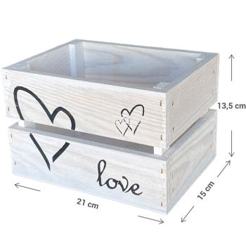 Preview: Geschenkkiste Holz weiss - Romantische Verpackung für Hochzeit & Verlobung - Aufdruck Love Herzen - Stabil 21x15x13.5cm - Für Liebesandenken