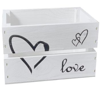Preview: Geschenkkiste Holz weiss - Romantische Verpackung für Hochzeit & Verlobung - Aufdruck Love Herzen - Stabil 21x15x13.5cm - Für Liebesandenken