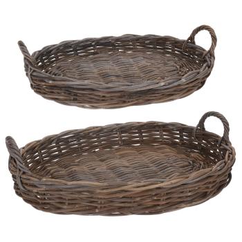 Servierkörbe im 2er Set, Braun, Dekotablett aus Rattan, Oval