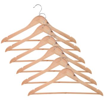 Kleiderbügel 6er-Set aus Holz - Stabil & langlebig mit Rockkerbe, Hosensteg & drehbarem Metallhaken - Eukalyptus-Holz, 45x22.6cm