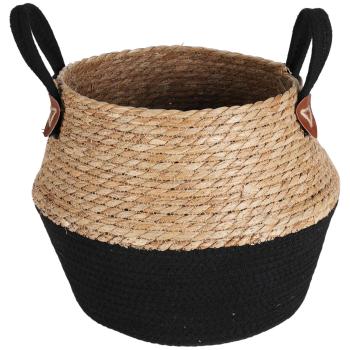 Preview: Aufbewahrungskorb Organizer 3er Set - Strohkörbe mit hellbraun-schwarz - dekorativ platzsparend stapelbar aus Stroh & Baumwolle Ø 31x33cm & Ø 25x27cm