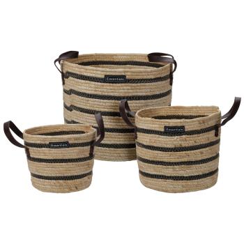 Aufbewahrungskörbe 3er Set - Braun-schwarz gestreift, rund, mit Kunstleder-Tragegriffen - Aus Maisgeflecht & Baumwolle - Ø 33/27/23 cm