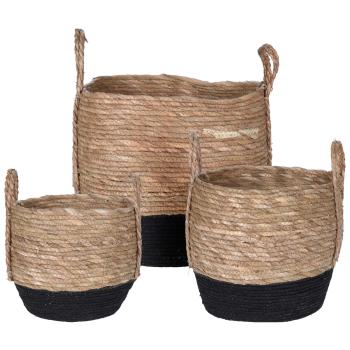 Strohkörbe 3er-Set schwarz/natur - Geflochtene Aufbewahrungskörbe mit Tragegriffen für Kosmetik, Bücher, Spielzeug - Robust & Stilvoll - Ø38/32/26cm