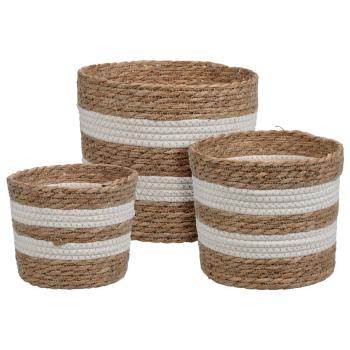 Aufbewahrungskörbe 3er Set Organizer - Runde geflochtene Strohkörbe aus Naturmaterial - natur & weiss - platzsparend stapelbar - 24x20-22x18-19x14cm