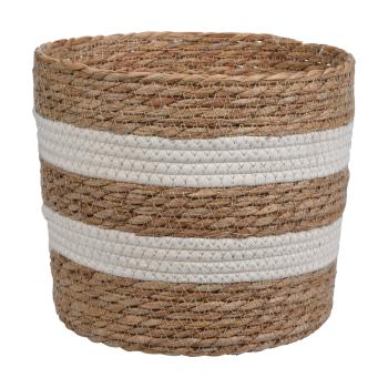 Preview: Aufbewahrungskörbe 3er Set Organizer - Runde geflochtene Strohkörbe aus Naturmaterial - natur & weiss - platzsparend stapelbar - 24x20-22x18-19x14cm