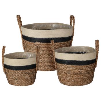 Dekorative Aufbewahrungskörbe 3er-Set - Geflochtene Optik, Stroh/Baumwolle, Dreifarbig, rund mit Henkel - Für Kosmetik, Schmuck, Bücher, Spielsachen