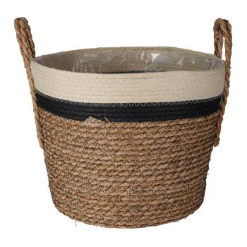 Preview: Dekorative Aufbewahrungskörbe 3er-Set - Geflochtene Optik, Stroh/Baumwolle, Dreifarbig, rund mit Henkel - Für Kosmetik, Schmuck, Bücher, Spielsachen