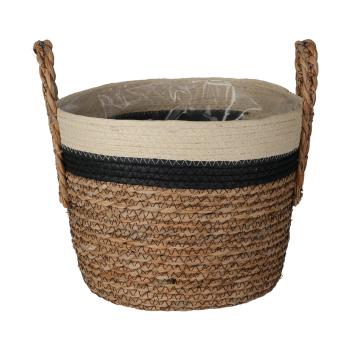 Preview: Dekorative Aufbewahrungskörbe 3er-Set - Geflochtene Optik, Stroh/Baumwolle, Dreifarbig, rund mit Henkel - Für Kosmetik, Schmuck, Bücher, Spielsachen