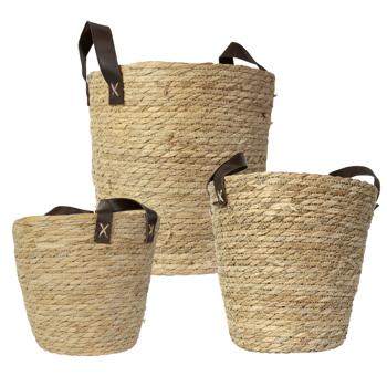 3er Set Seegras-Aufbewahrungskörbe mit Henkel - Runde Organizer in Natur geflochten - Dekorativ - Ø28x29, Ø26x27, Ø24x25cm