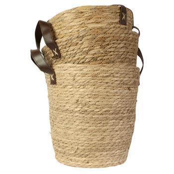 Preview: 3er Set Seegras-Aufbewahrungskörbe mit Henkel - Runde Organizer in Natur geflochten - Dekorativ - Ø28x29, Ø26x27, Ø24x25cm