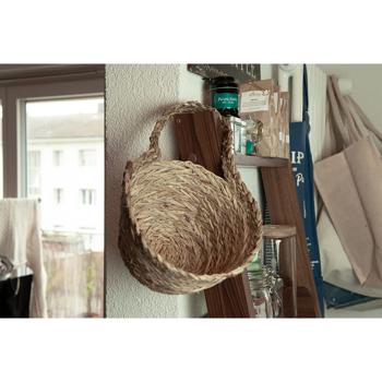 Preview: Strohkorb mit Griff natur - Dekorativer Aufbewahrungskorb Organizer für Wohnzimmer Bad Kinderzimmer - Geflochtene Optik - Ø 18x14cm für Kosmetik Spielzeug