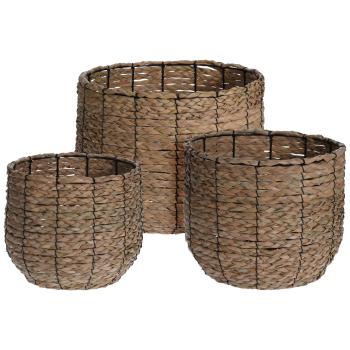 Rattan Aufbewahrungskörbe 3er Set - Rund, stabil im Metallrahmen - Natur/Weiss, Ø36/30/25cm - Organizer für Kosmetik, Schmuck & Spielzeug – Geflochten