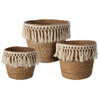 Naturfaser-Makramee Aufbewahrungskörbe 3er Set - Organizer für Bad Wohnzimmer Kinderzimmer - Ø 34/30/26cm - Geflochtene Optik, Natur/Beige