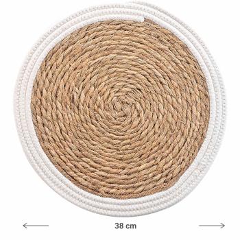 Preview: Tischset Stroh-Geflecht - Platzdeckchen mit Baumwolle - Braun-Weiss, Ø 38cm - Kratz- & Fleckenschutz für Ess- & Couchtische - Stabil - Langlebig - Geschenk
