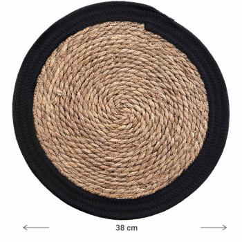 Preview: Tischset Stroh-Geflecht - Rundes Platzdeckchen mit Baumwollumrandung - Braun-Schwarz Ø 38 cm - Kratzschutz Langlebig Dekorative Ergänzung für Esstische