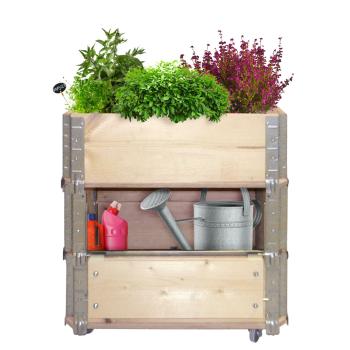 Hochbeet Holz mit Metallscharnieren - Mobiler Kräutergarten Pflanzen Blumen Deko Geschenk - 4 Rollen 360° drehbar 60x40x68cm Natur inkl. Pflanzfolie Ablagefach