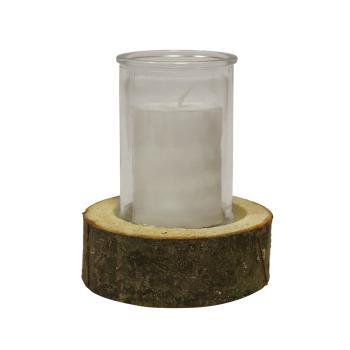 Preview: 2er-Set Echtholz-Windlicht mit Kerzenglas - Natur-Look Deko für Innen & Aussen - Ø8x11cm/Ø12x4cm - Warme Atmosphäre - Holzsockel mit Naturrinde