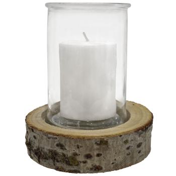 Preview: 2er Set Kerzenglas auf Holzsockel - Windlicht Natur mit Echtholzsockel & Rinde - Ø 10x13,5cm Glas - Ø 15x4cm Sockel - Romantische Deko für Innen & Aussen