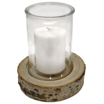 Preview: 2er Set Kerzenglas auf Holzsockel - Windlicht Natur mit Echtholzsockel & Rinde - Ø 10x13,5cm Glas - Ø 15x4cm Sockel - Romantische Deko für Innen & Aussen