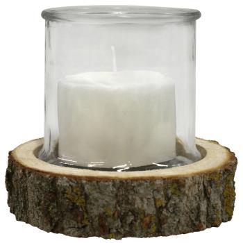 Preview: 2er-Set Kerzenglas auf Echtholzsockel mit Naturrinde - Windlicht Natur für Innen- & Aussenbereich - Ø13x13cm - Ø18x4cm, Pappel aus Ungarn