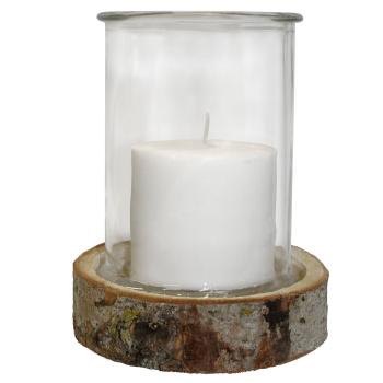 Preview: 2er-Set Kerzenglas auf Holzsockel - Windlicht Natur mit Echtholzrinde - Ø 13x17cm Glas, Ø 18x4cm Sockel - Für Innen & Aussen - Dekoration & Geschenk