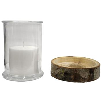 Preview: 2er-Set Kerzenglas auf Holzsockel - Windlicht Natur mit Echtholzrinde - Ø 13x17cm Glas, Ø 18x4cm Sockel - Für Innen & Aussen - Dekoration & Geschenk
