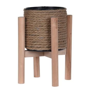 Blumentopf aus Jute auf Holzständer - Edles Design für Pflanzenliebhaber & Dekoration - H 23cm, natur, Ø 13x13cm Topf, Ø 18x18cm Ständer, mit Innentopf
